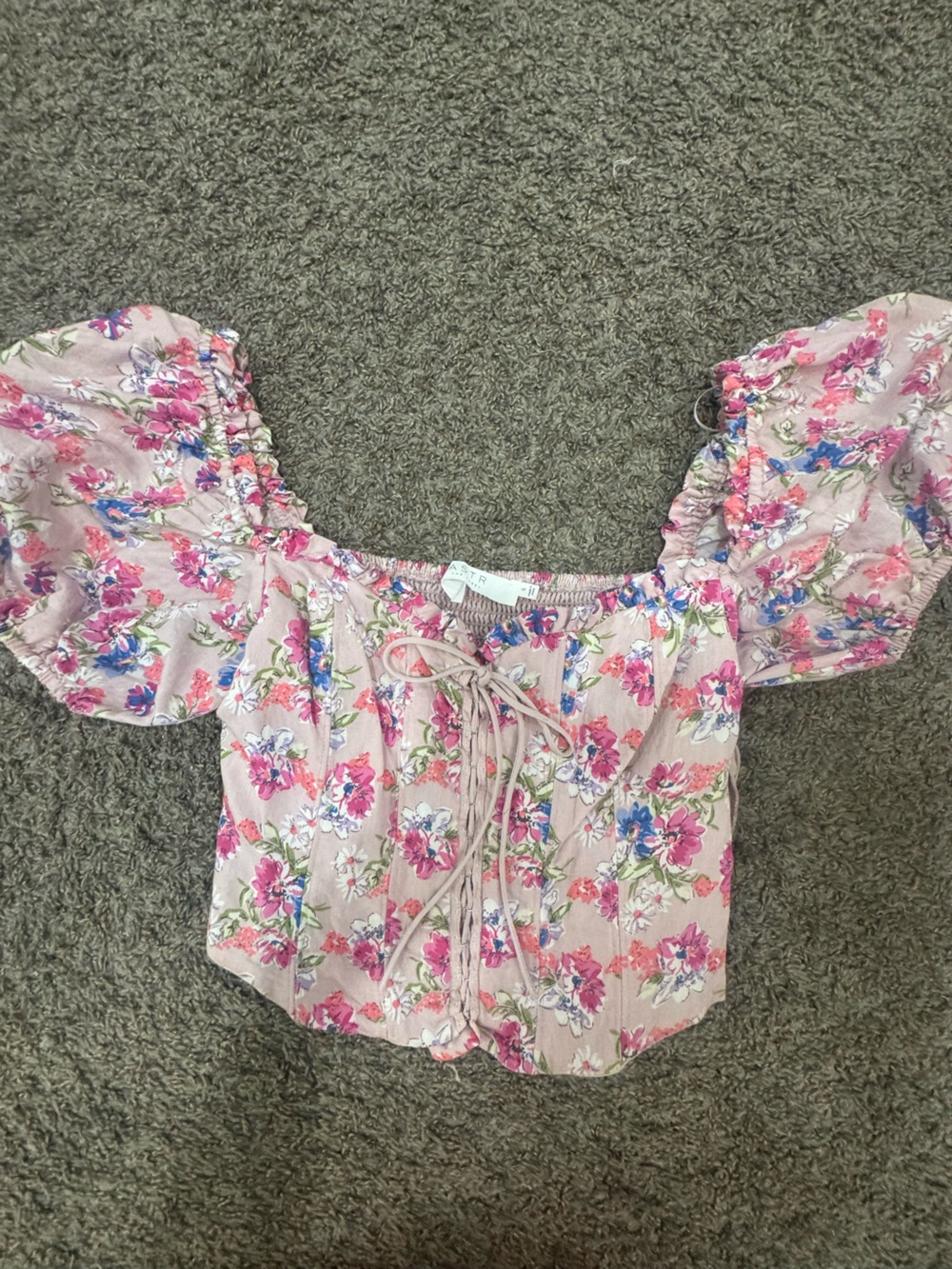 Astr Pink Floral Lace-Up Puff Sleeve Crop Top sz S